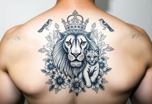 powerful majestic lion and cub with a crown, surrounded by floral ornaments and birds tattoo idea