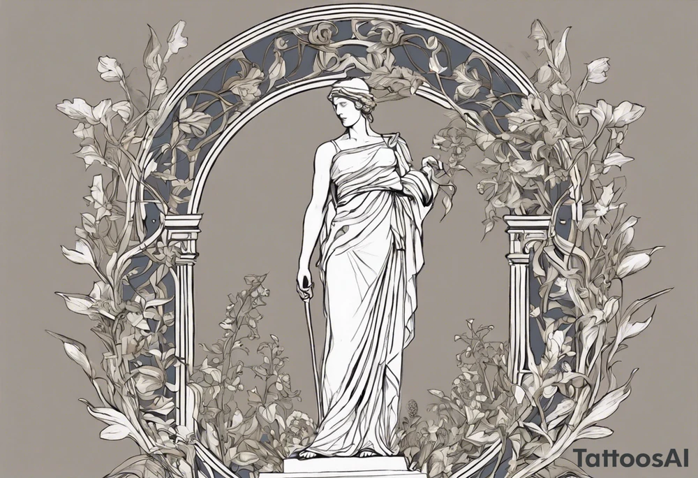 **Design Concept: Athena's Garden**

*Central Focus:*
- Place a small, delicately detailed Athena historic statue
*Surrounding Elements:*
- Intertwine the statue with vines that gracefully flow outwards, connecting seamlessly with Vincent van Gogh's Irises tattoo.

*Geometric Accents:*
- Incorporate geometric shapes around the shield and vines, creating a structured and visually appealing framework. The shapes could represent elements like knowledge, strength, and protection associated with Athena.

*Athena's Symbols:*
- Include Athena's spear and olive branch as smaller elements within the vine design. They can be strategically placed to enhance the overall balance and symbolism.

*Van Gogh's Irises:*
- Integrate the irises into the vine design, allowing them to gracefully intertwine. Pay attention to the delicate details of the irises, ensuring they complement the overall aesthetic.

 Consider earthy greens for the vines complemented by subtle purples and blues for the irises.

*Placement:*
- Given the detailed and intricate nature of the design, the upper chest provides a suitable canvas for the tattoo. Ensure the design is scaled appropriately to fit the chosen placement. tattoo idea