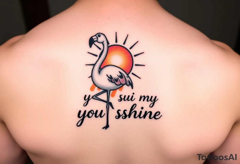 Cute cartoonish Flamingo with a sun and the saying you are my sunshine with colors tattoo idea
