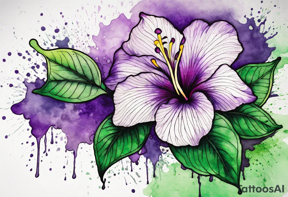 A mystical outline of a dipladenia flower and a green/purple watercolor splatter in the background to make the flower mainly green with purple highlights tattoo idea