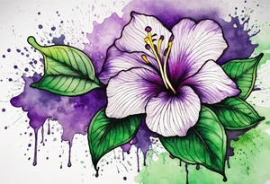 A mystical outline of a dipladenia flower and a green/purple watercolor splatter in the background to make the flower mainly green with purple highlights tattoo idea