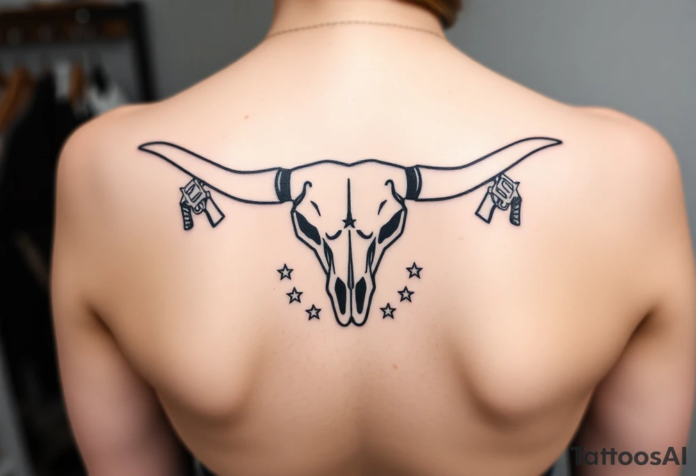 Longhorn skull with revolvers either side and Texas flag with stars around it tattoo idea