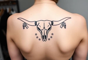 Longhorn skull with revolvers either side and Texas flag with stars around it tattoo idea
