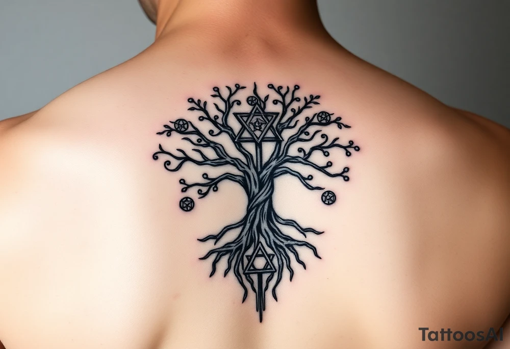 geometrical mystical tree of life with the star of David and cross cosmic roots and celestial symbols branches with HIV-positive symbol tattoo idea