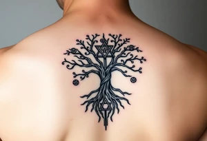 geometrical mystical tree of life with the star of David and cross cosmic roots and celestial symbols branches with HIV-positive symbol tattoo idea