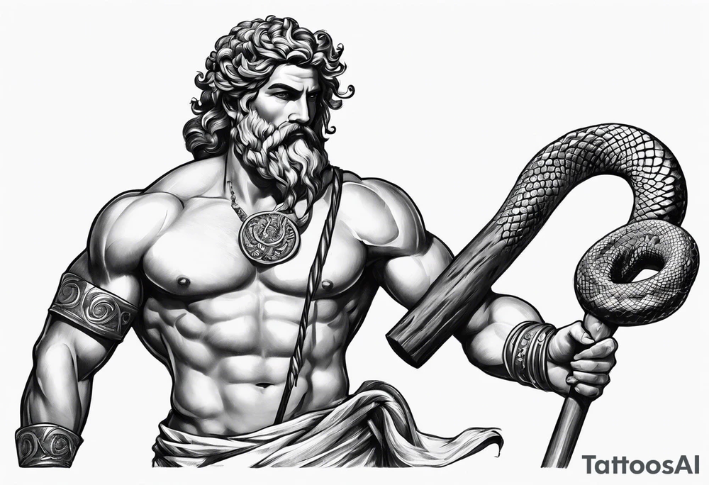 Naked Ascelpius with toga and with a wood stick with a coiled snake on the stick tattoo idea