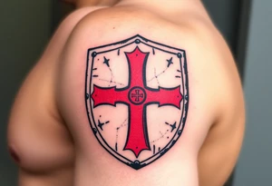 A black and red Templar cross embedded into a medieval shield, with scratches and dents for an authentic warrior aesthetic tattoo idea