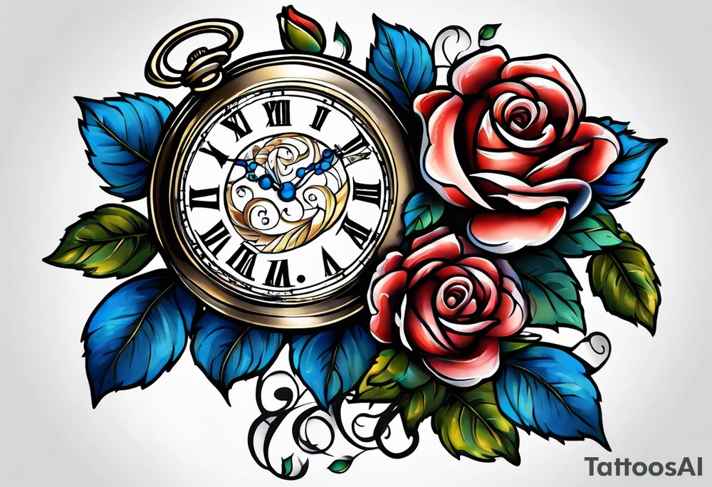 Pocket watch with blue roses tattoo idea