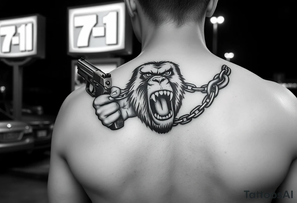 Someone standing in from of 7/11 with a gun and in the other hand is a chain with a gorilla at the end of it he’s angry mouth open and giant teeth tattoo idea