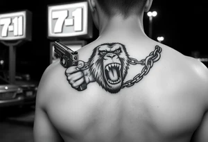 Someone standing in from of 7/11 with a gun and in the other hand is a chain with a gorilla at the end of it he’s angry mouth open and giant teeth tattoo idea