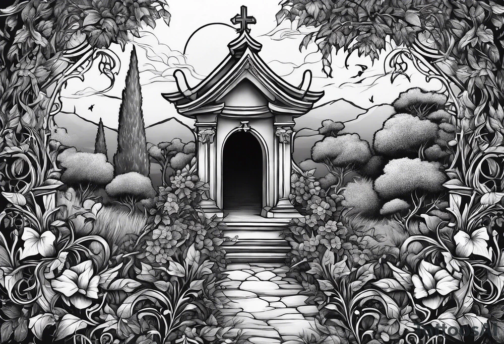 Leafy vines with grave yard tattoo idea
