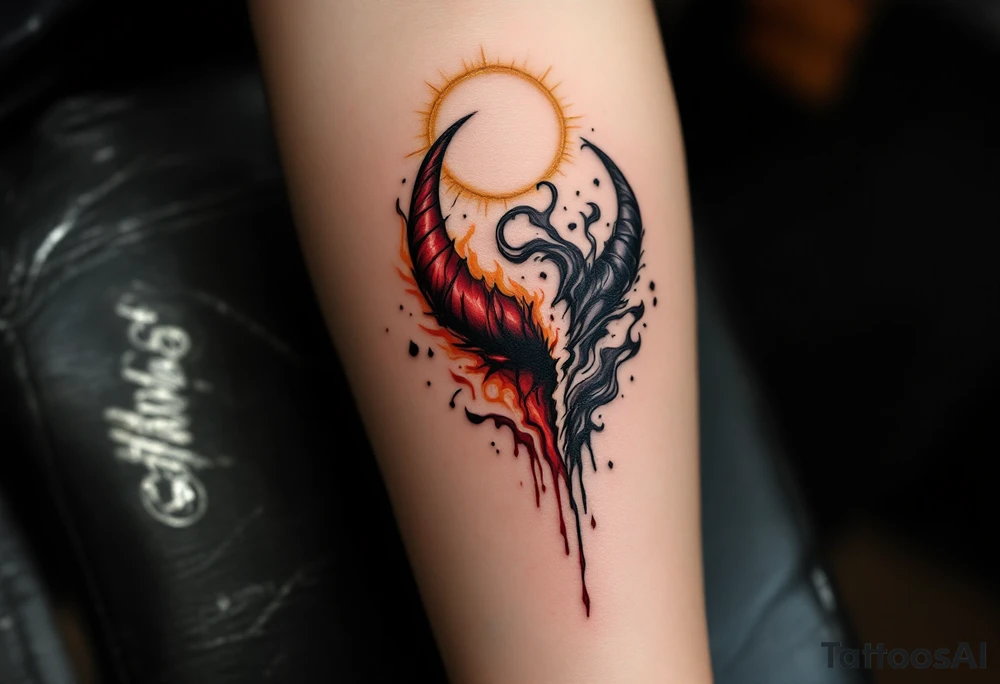 A golden, radiant halo floating above one side of the design, while the other side features a cracked demonic horn, dripping with dark crimson energy. The two elements are connected by swirling black and white smoke, blending good and evil into one form. tattoo idea