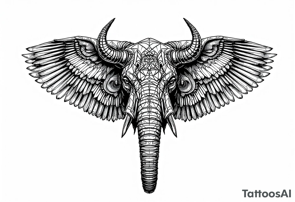 A hieroglyphic, depicting an ancient and gargantuan African elephant with horns protruding from its forehead and wings that resemble that of a falcons tattoo idea