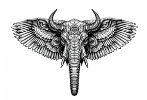 A hieroglyphic, depicting an ancient and gargantuan African elephant with horns protruding from its forehead and wings that resemble that of a falcons tattoo idea