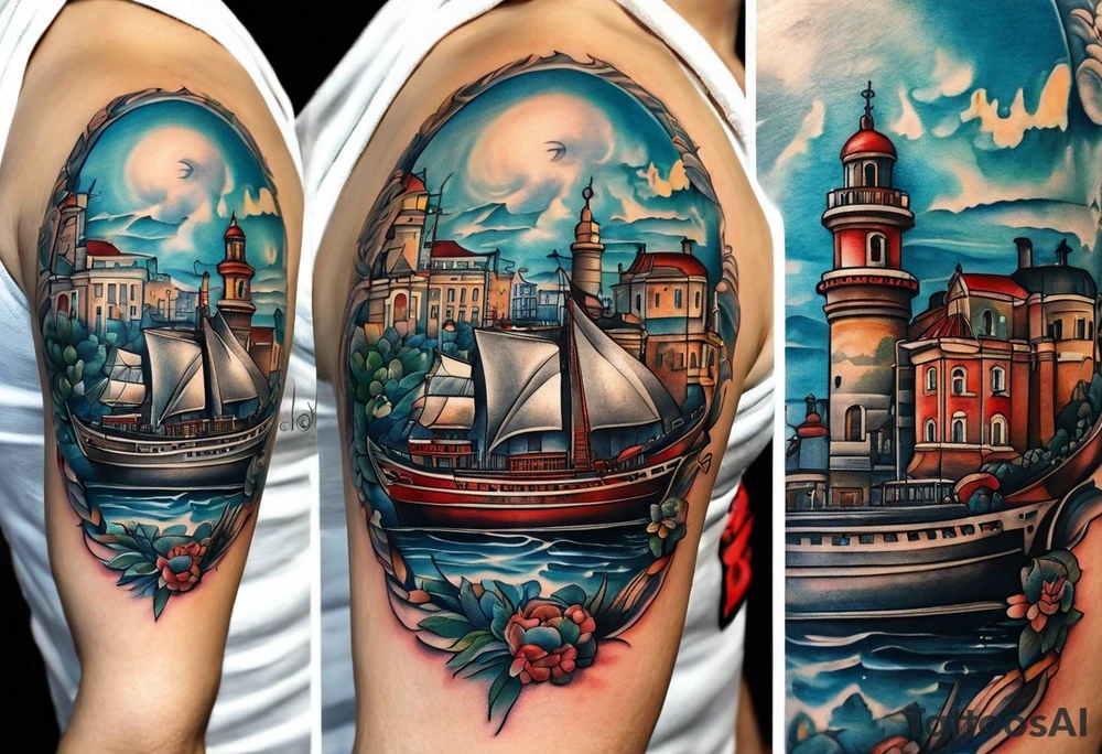 This tattoo depicts the city of Odesa. The main symbols of this city are a ship's wheel, a lighthouse, the Potemkin Stairs, the sea, the Opera House, and the cozy small streets. tattoo idea