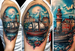 This tattoo depicts the city of Odesa. The main symbols of this city are a ship's wheel, a lighthouse, the Potemkin Stairs, the sea, the Opera House, and the cozy small streets. tattoo idea