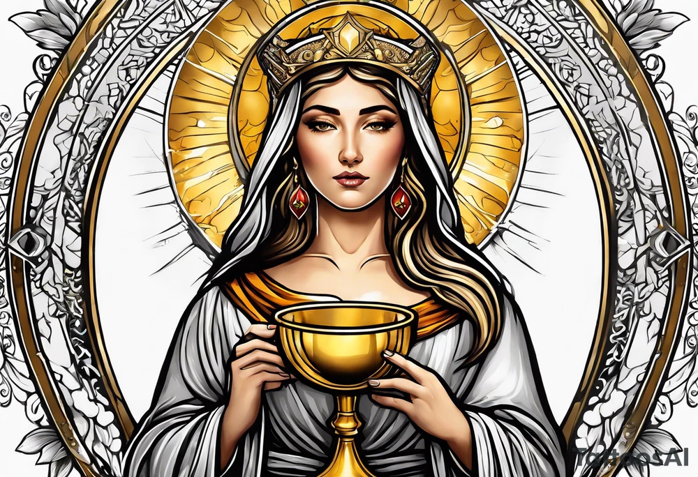 holy saint woman with golden halo holding a chalice tattoo idea