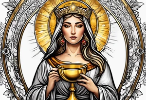 holy saint woman with golden halo holding a chalice tattoo idea