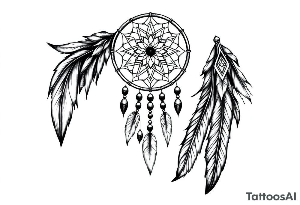 native dreamcatcher with flowing feathers and sacred beads tattoo idea