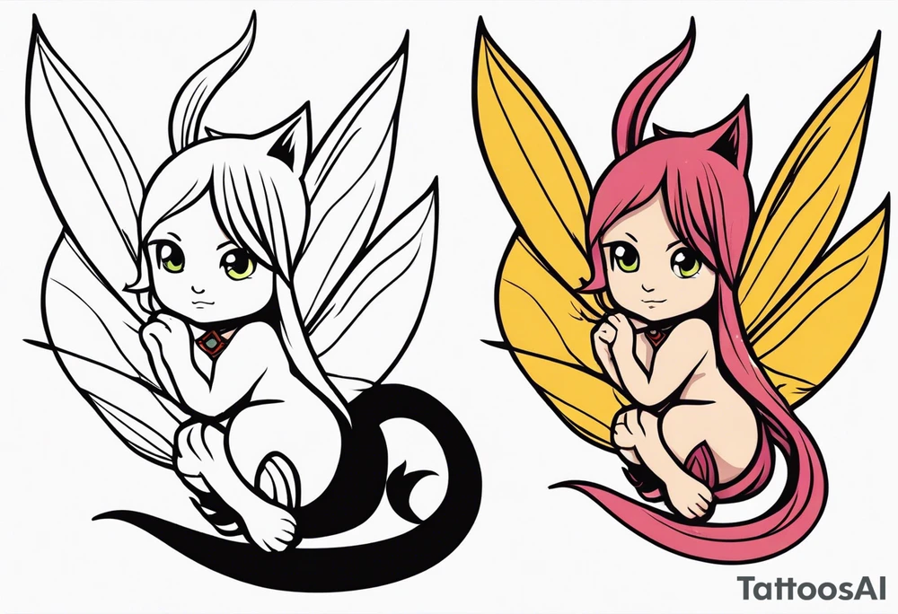 A fairy with a tail inspired by the logo of the show called Fairy Tail in a fetal position leaning in tattoo idea