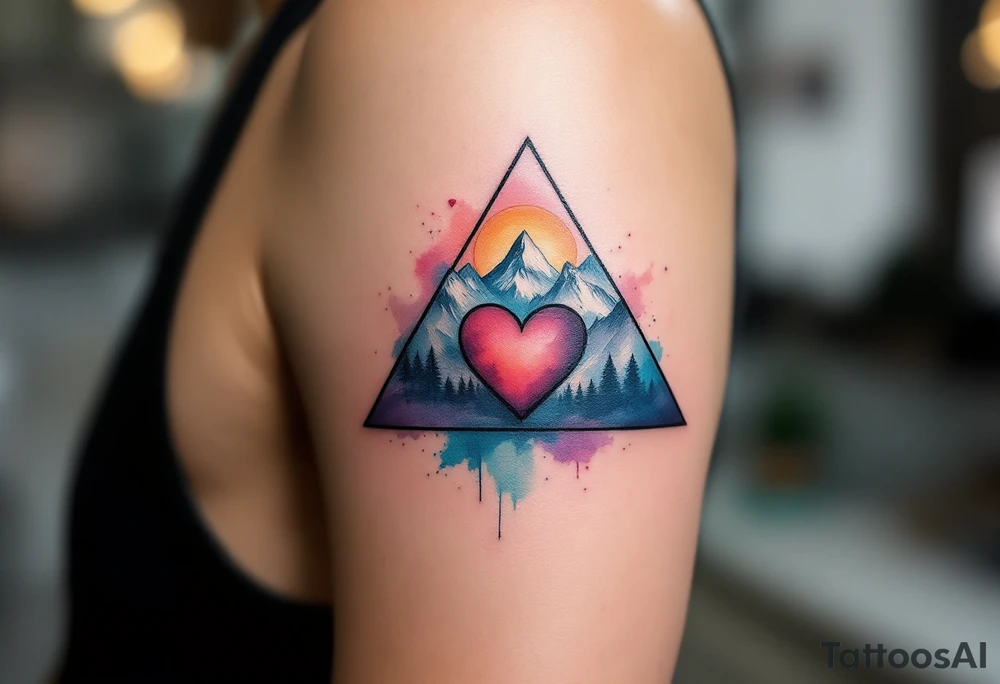 A triangle with a big heart in the cente with a mountain theme tattoo idea