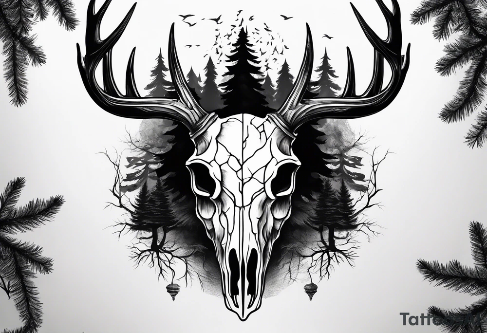 A side view of decayed deer skull surrounded by trees and fire tattoo idea