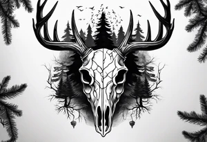 A side view of decayed deer skull surrounded by trees and fire tattoo idea