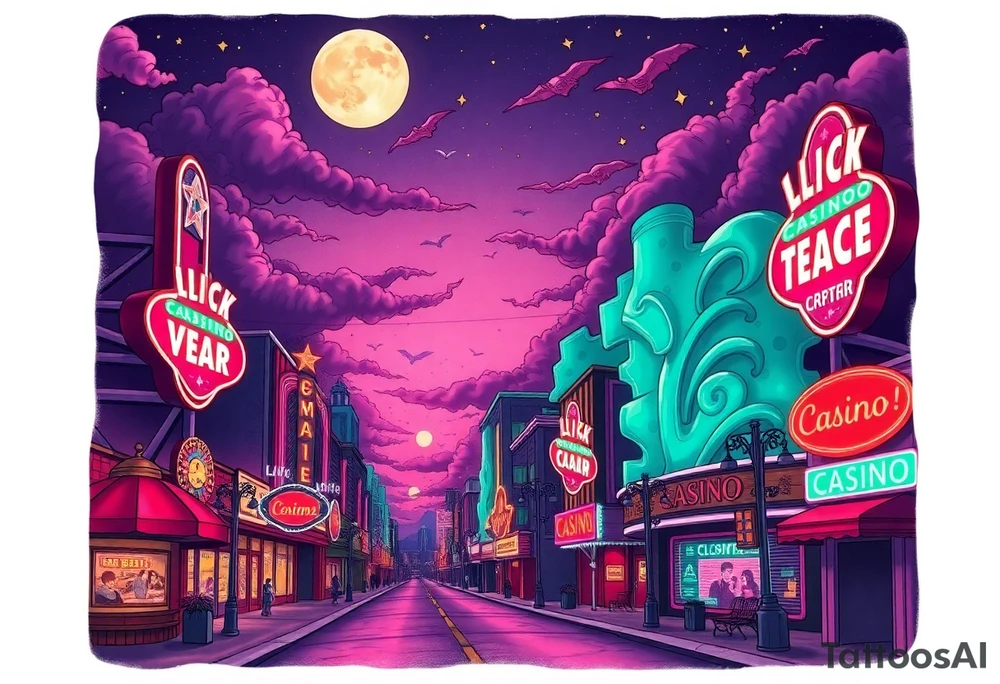 Tim Burton’s vegas casino on the strip from outside view is the street is littered with neon signs  and dripping with muted reds, dusty pinks, and eerie green glow purple and cyan smokey clouds swim through the moonlit night air as the stars twinkle tattoo idea tattoo idea
