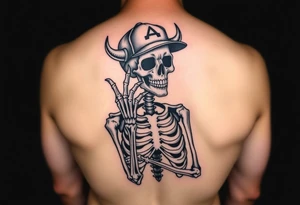 Skeleton with a fun ball cap doing devil s horn with fingers tattoo idea