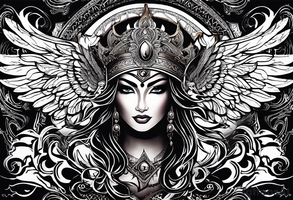 black kali, goddess pirate, alien, angel, pachamama, valkrye, warrior, flying, skull, lotus azul, wing, eagle, zenza resonance, stars, 5D, anahata chakra, death, durga, riding on a tiger, flying lady tattoo idea