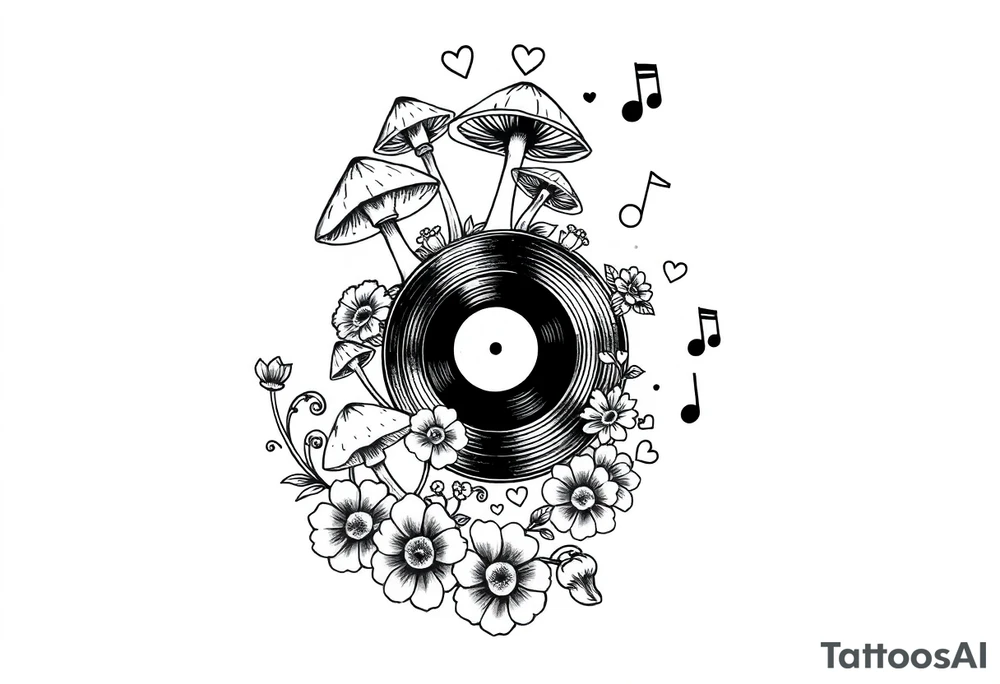 vinyl record with mushrooms, flowers, hearts, and music notes tattoo idea