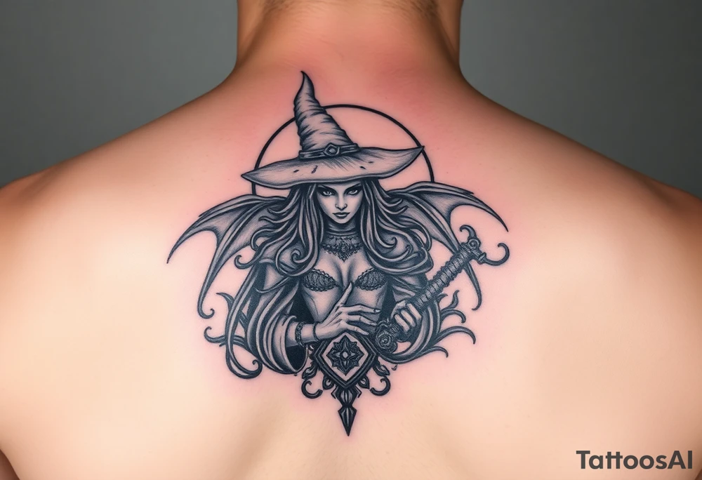 powerful wicca witch surrounded  with magic tattoo idea