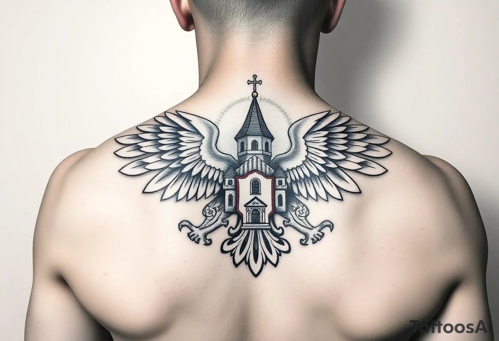 russian coat of arms with the eagles wings spanning out on my back neck across my shoulders / traps with a orthodox christian church being visible in a mountainous sun beaming setting, with the russian orthodox cross spire of the orthodox church being visible on my neck with a sun beaming in the background that the cross sits inside tattoo idea