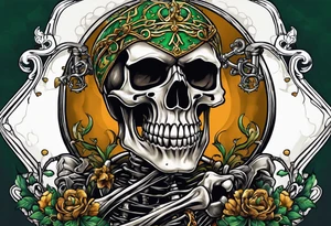 full color illustration of an irish skeleton pulling a chainfall tattoo idea