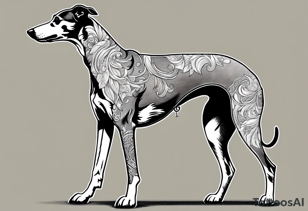 Greyhound wearing leather jacket standing on hind legs tattoo idea