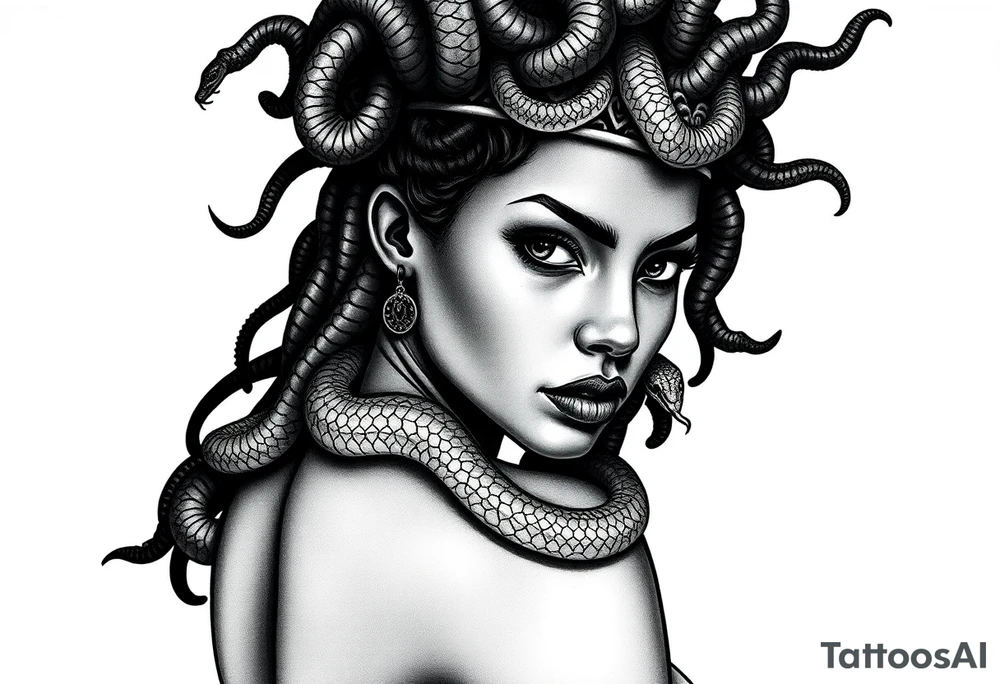 Beautiful Black woman who is looks like Medusa with varied size snakes coming out of her head and wrapping around a crown. She should be positioned as if she’s looking over her right shoulder at the viewer with a seductive but slightly threatening, piercing gaze. One large snake should encircle her and come upwards as if it’s crawling over my right shoulder to make its way down my right arm tattoo idea