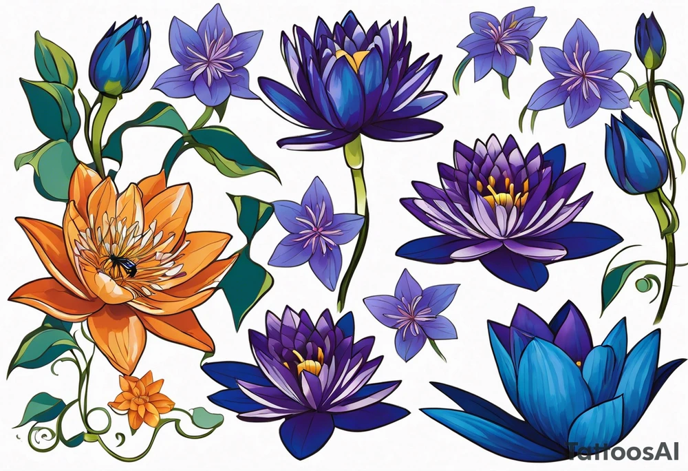 Design a vine of flowers tattoo Centerpiece: Blue and purple Water Lily: Place this at the center, its petals elegantly spread, symbolizing serenity. Place a blue butterfly resting on the waterlily Orange Marigold: Positioned to one side of and below the water lily, with vibrant petals, and a small bumblebee buzzing nearby. Purple Gladiolus: Tall and striking, place these on one side and above the water lily cascading slightly for a natural look. Purple Iris: Integrate these on the opposite side and above the water lily, their unique shape adding depth and contrast. Pink Rose: Position this slightly below the water lily with its delicate petals and gentle curves. Interweave around the water lily, Marigold and rose christmas holy vine with dark green leaves and red berries Vine and Leaves: Use flowing vines that interweave between the flowers, creating a cohesive look. Add leaves that vary in size and shape for a naturalistic tattoo idea