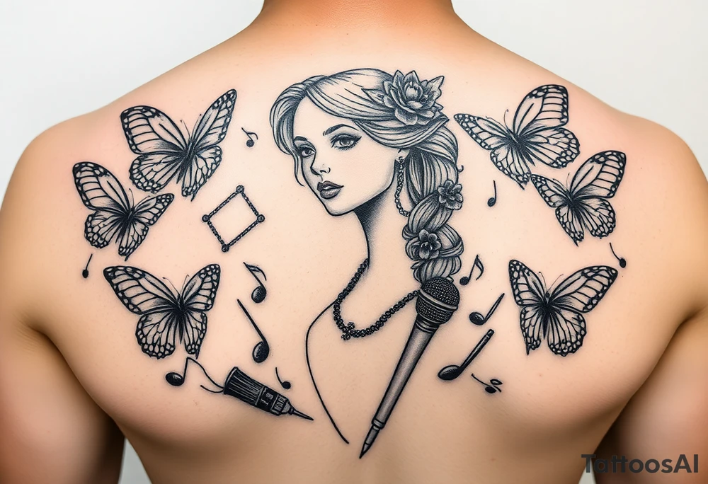 Faith Alice Ida Daiquan surrounded with butterflies, musical notes, needle and thread, microphone and drumstick tattoo idea