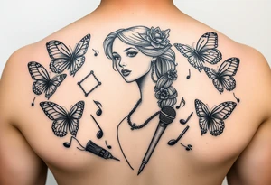 Faith Alice Ida Daiquan surrounded with butterflies, musical notes, needle and thread, microphone and drumstick tattoo idea
