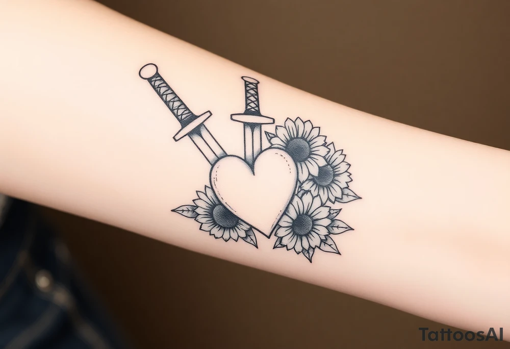 dagger piercing a heart with roses and sunflowers tattoo idea dagger piercing a heart with roses and sunflowers tattoo idea