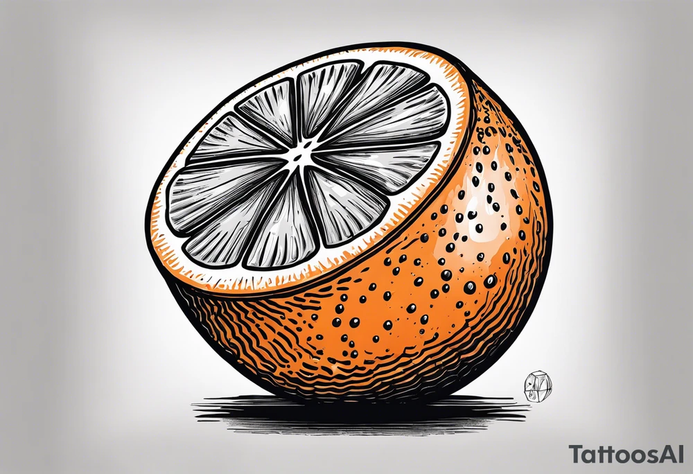 A whole orange fruit realistic ink drawing but the orange is wearing a zoro mask tattoo idea