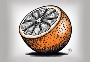 A whole orange fruit realistic ink drawing but the orange is wearing a zoro mask tattoo idea