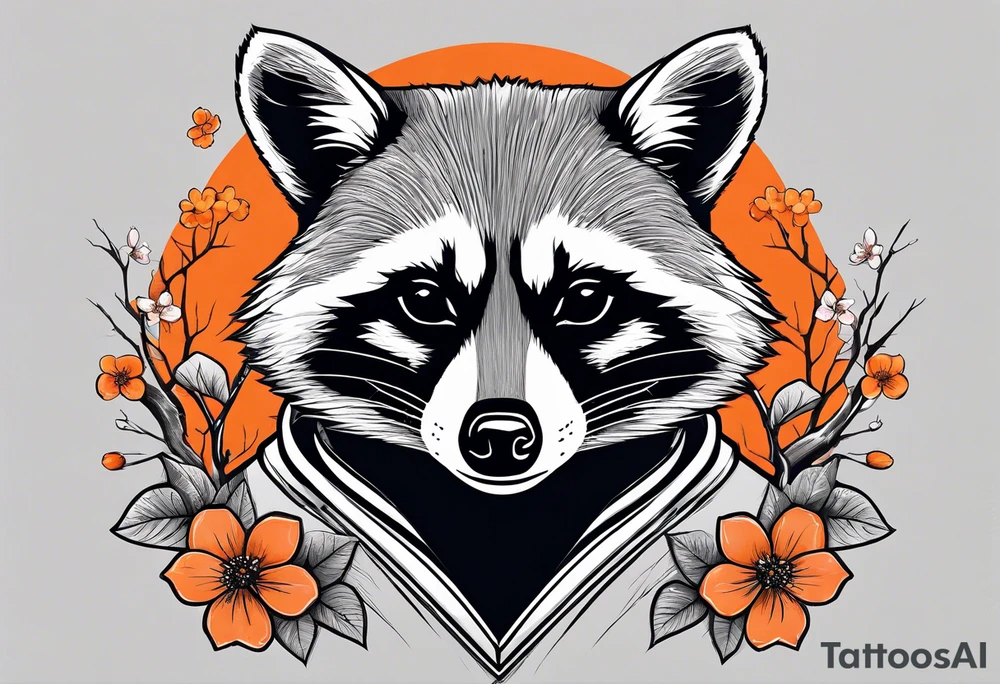 raccoon wearing a black and white Superman hoodie and orange Japanese cherry blossoms tattoo idea