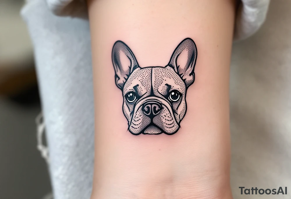 Tiny French Bulldog tattoo behind the ear, minimal dotwork in black and gray showing only the head and ears. tattoo idea