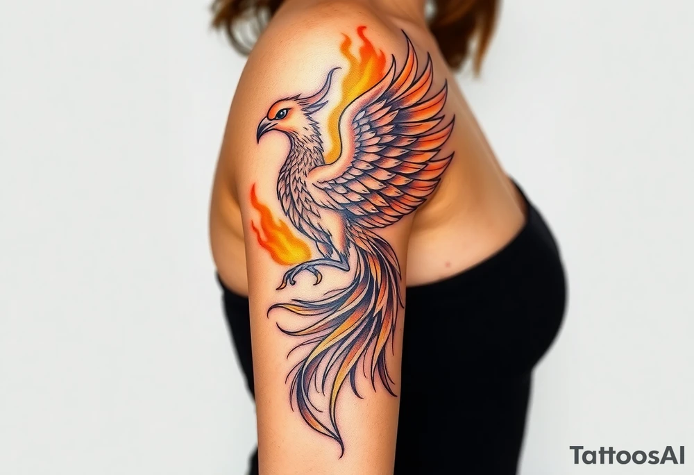 magnificent phoenix rising from golden flames with trailing embers tattoo idea