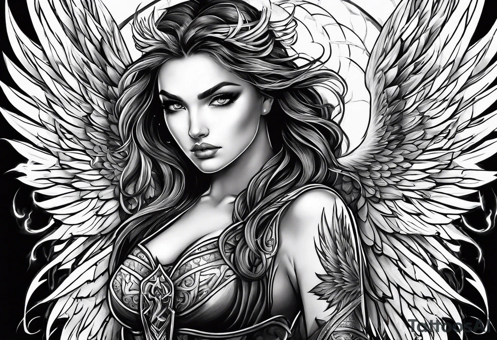 Female angel with sword lightning and lightning eyes tattoo idea