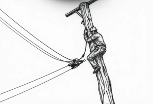 power lineman climbing a wooden 12kv pole. Make the pole a cross that has a hidden resemblance to god. tattoo idea