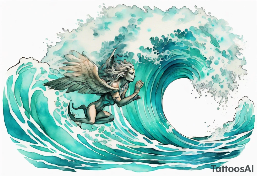 a beautiful turquoise sphinx emerging from an ocean wave, crashing onto the shore tattoo idea
