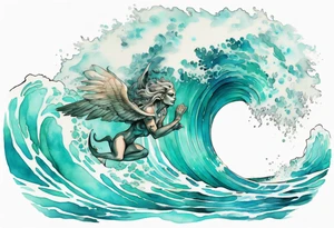 a beautiful turquoise sphinx emerging from an ocean wave, crashing onto the shore tattoo idea