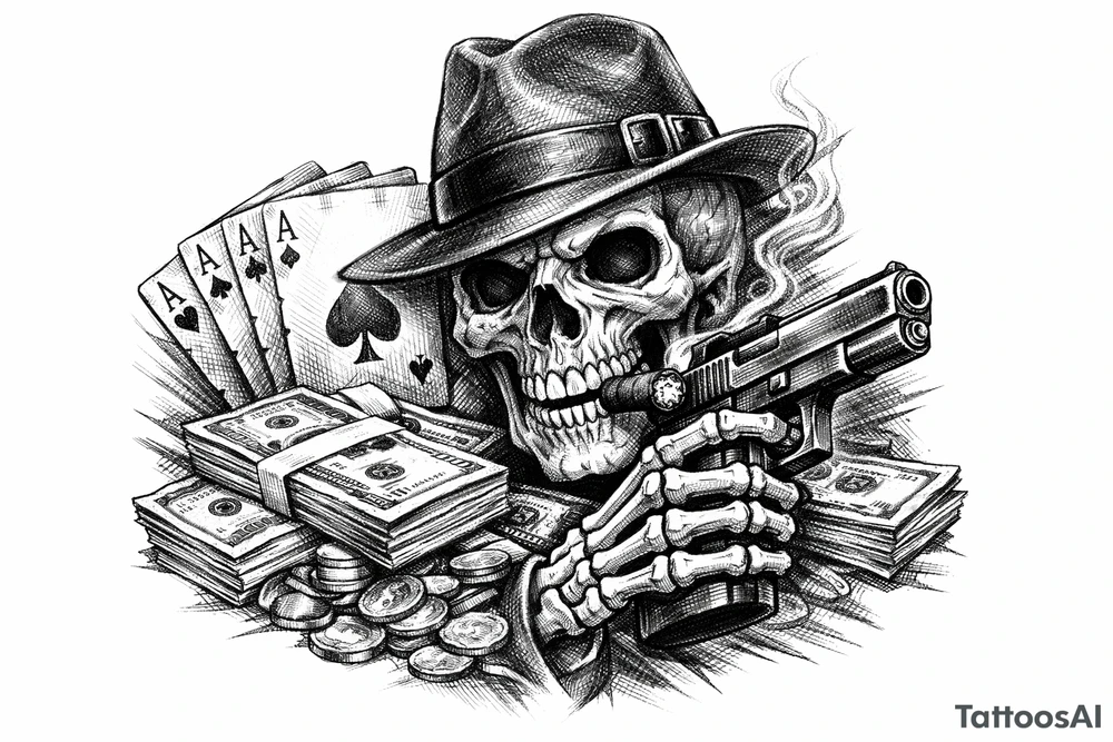 skull with gangster-hat,cigar in his mouth,gun in a skeleton-hand,playing cards,a lot of money. tattoo idea